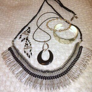Brutalist Jewelry Lot Silver-Tone Feather Bib Necklace, Pendant, Drop Earrings+